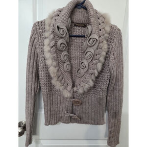 John Fashion Women's Size S Light Brown Fur Trim Long Sleeve 2 Button Cardigan